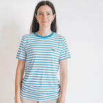 Woman wearing the Miffy striped breastfeeding T-shirt with hidden nursing zips